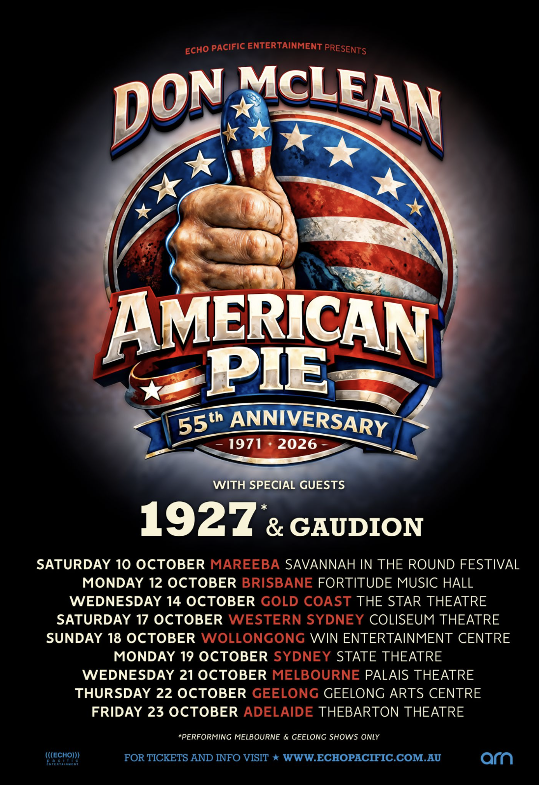 Don McLean American Pie 55th Anniversary Tour 2026 poster with 1927 and Gaudion featuring Australian concert dates in Sydney, Melbourne, Brisbane.